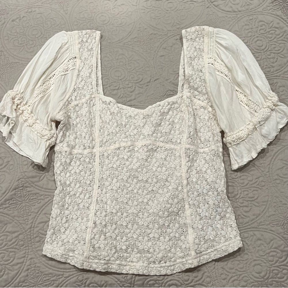 Free People Ivory Lace Puff Sleeve Top